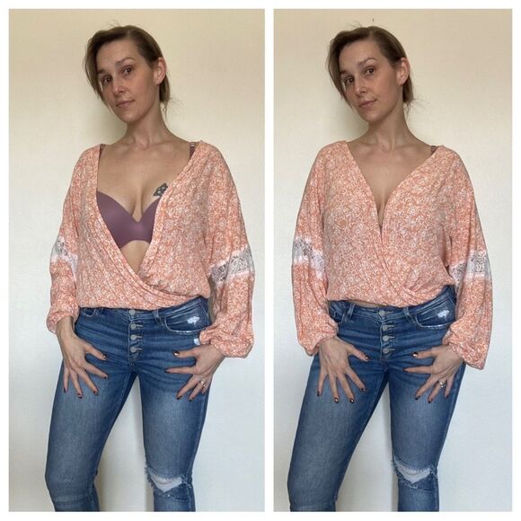 Daytrip Surplice Top Peach Floral Boho Lace Cream Small - Picture 6 of 11